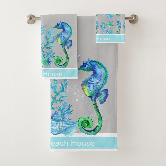 Nautisches Seepferd Custom Aquamarin Aqua Marine & Badhandtuch Set (Insitu)
