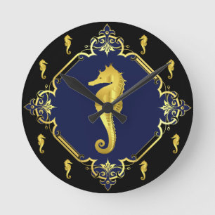 Nautisches Seepferd, Gold/schwarze Silhouette/Mari Runde Wanduhr