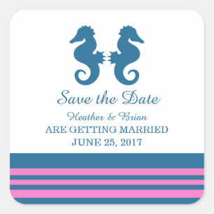 Nautisches Seepferd in Blaurosa Save the Date Quadratischer Aufkleber
