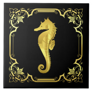 Nautisches Seepferd Silhouette/Gold/Schwarz Fliese