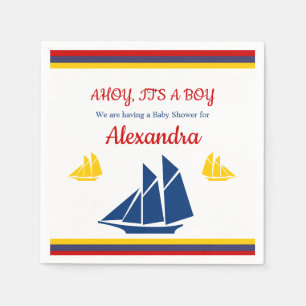 Nautisches Segelboot Marineblau Gelb Rot Babyparty Serviette