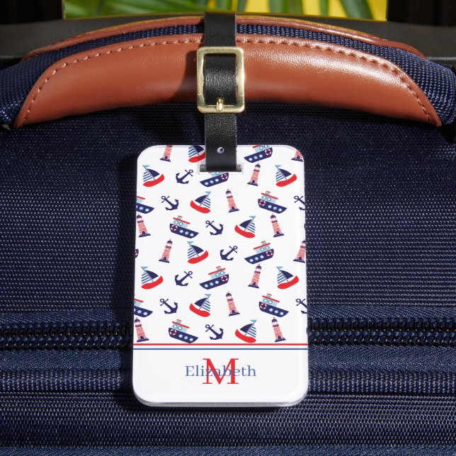 Nautisches Segelboot-Monogramm im Preppy-Stil Gepäckanhänger (Vorderseite Insitu 2)