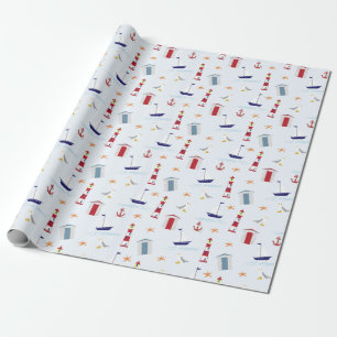 Nautisches Thema Blassblaues rotes gelbes Muster Geschenkpapier