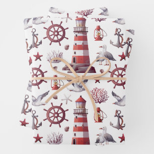Nautisches Thema - Leuchtturm, Koralle, Meereslebe Geschenkpapier Set