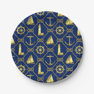 Nautisches Thema Navy Blau Gold Anker Leuchtturm Pappteller