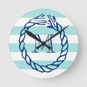 Nautisches Türkis-Streifen navyblaues Seil-Monogra Runde Wanduhr