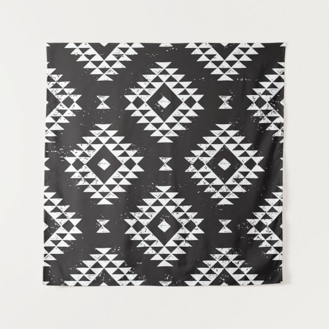 Navajo Geometric: Schwarz-weißes Stamm. Wandteppich (Vorderseite)