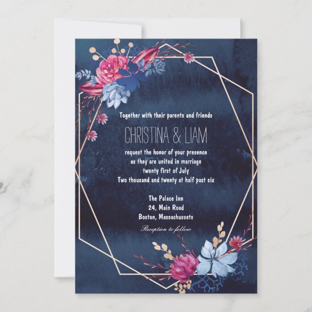 Nave Blue Chalkboard Floral Faire-part de mariage (Devant)