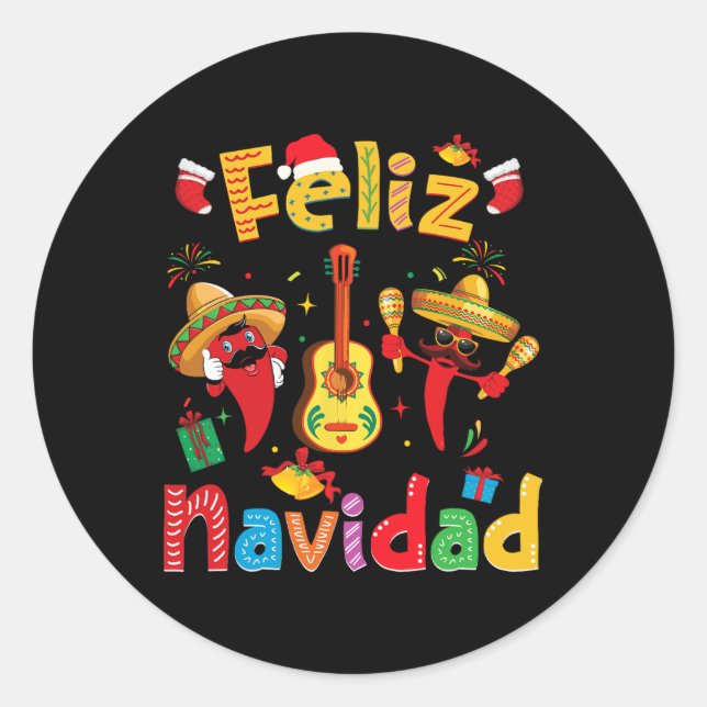 Navidad Mexican Fiesta Hot Pepper Guitar Xmas Teil Runder Aufkleber (Vorderseite)