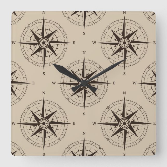 Navigations-Kompass-Muster Quadratische Wanduhr (Vorderseite)