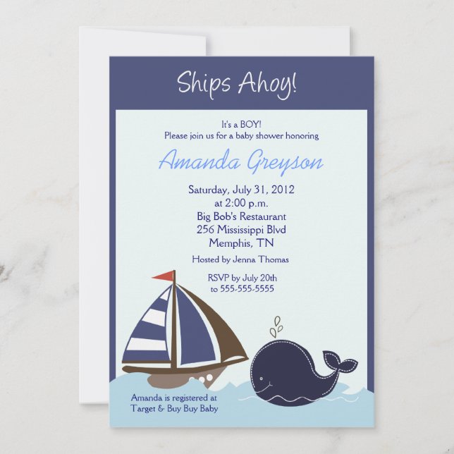 Navires Ahoy Blue Whale 5x7 Baby shower Invitation (Devant)