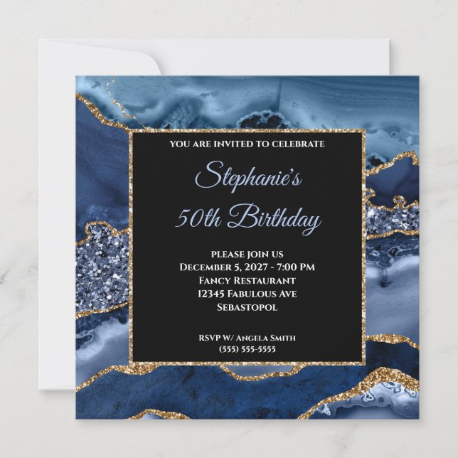Navy Agate Gold Glitzer Glam 50. Geburtstag Einladung (Vorderseite)