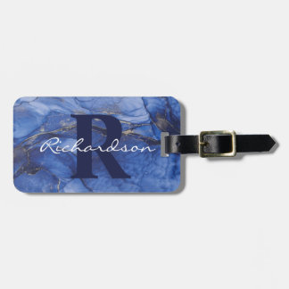 Navy Agate Monogram und Name Marble Luxe Gepäckanhänger