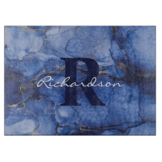 Navy Agate Monogram und Name Marble Luxe Schneidebrett
