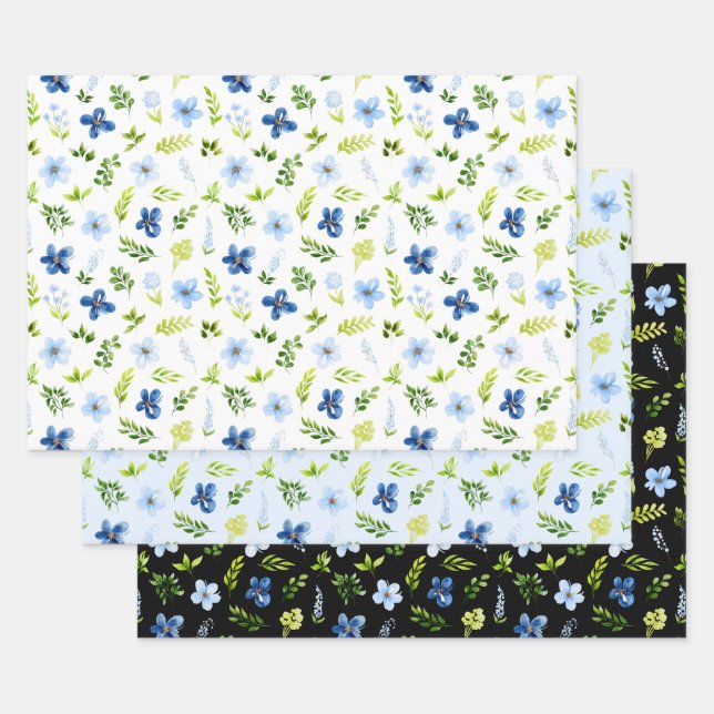 Navy and Baby Blue Flowers with Foliage Pattern Geschenkpapier Set (Set)