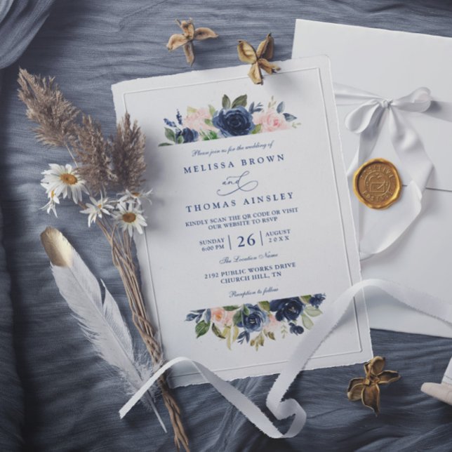 Navy and Blush Rustic Elegant Chic QR Code Wedding Einladung (Von Creator hochgeladen)