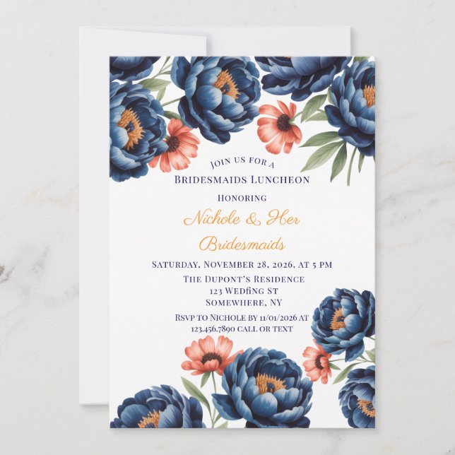 Navy and Burnt Orange Floral Bachelorette Party  Einladung (Vorderseite)