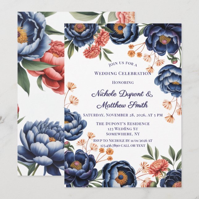 Navy and Burnt Orange Floral Wedding Celebration Einladung (Vorne/Hinten)