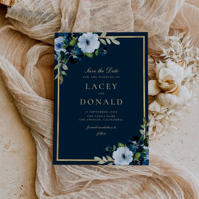 Navy and gold floral Save The Date Card (Créateur téléchargé)