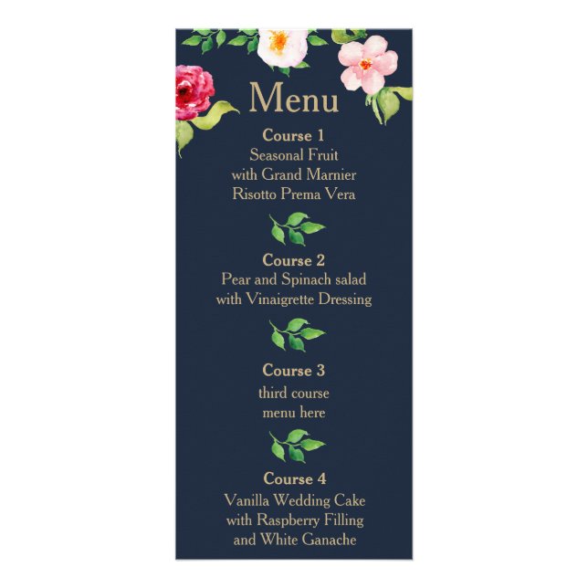 Navy and Gold Flowers Wedding Menu Werbekarte (Vorne)