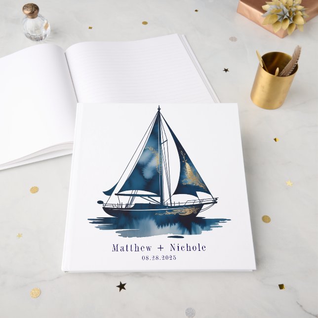 Navy and Gold Nautical Boat Gold Frame Wedding Gästebuch (Vorderseite offen)