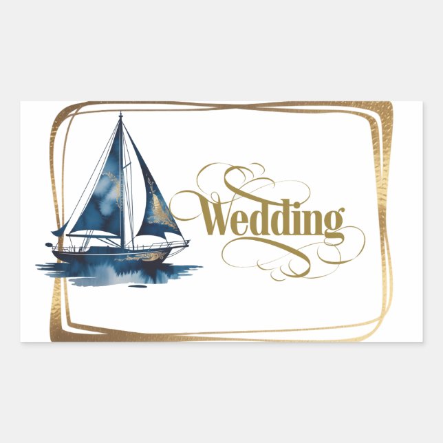 Navy and Gold Nautical Boat Gold Frame Wedding Rechteckiger Aufkleber (Vorderseite)