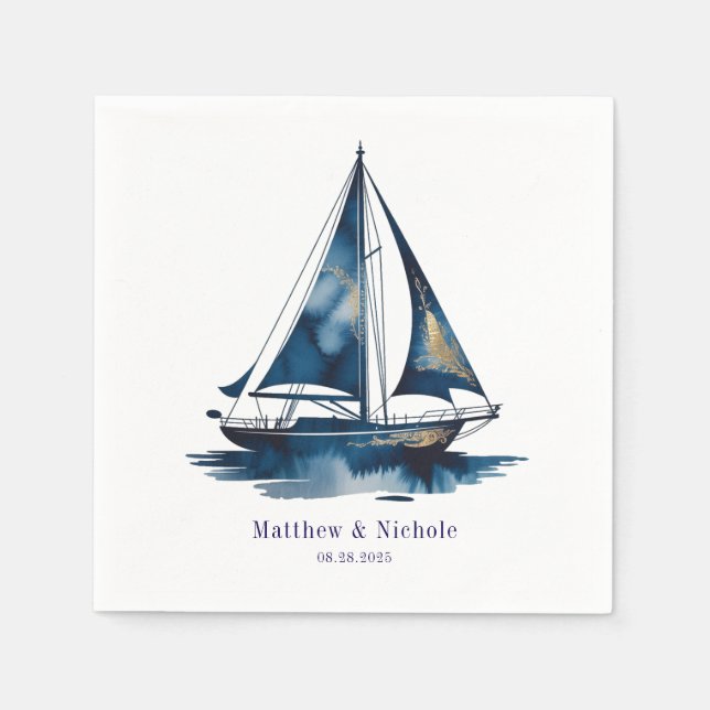 Navy and Gold Nautical Boat Gold Frame Wedding Serviette (Vorderseite)