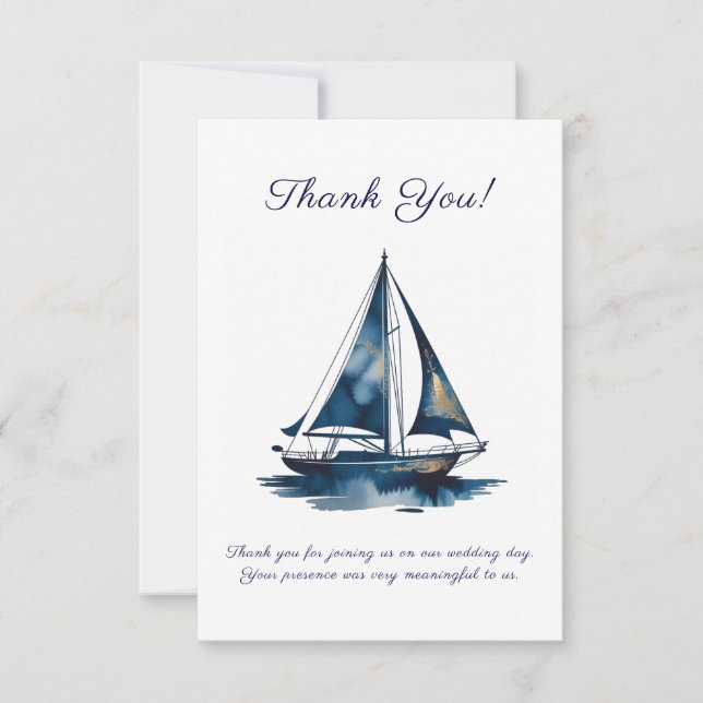 Navy And Gold Sailboat Nautical Wedding Dankeskarte (Vorderseite)
