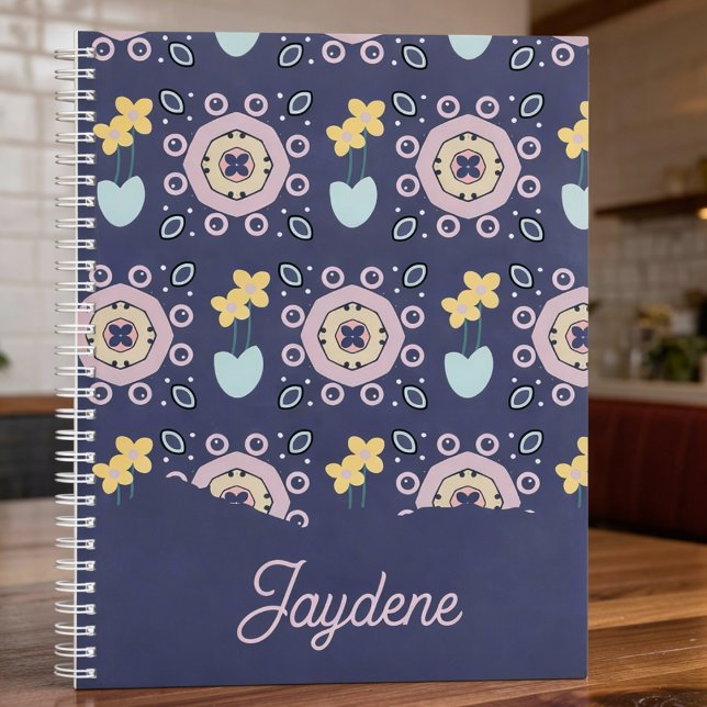 Navy And Pastel Geometric Floral Planer (Floral meets geometric, with your name in cursive. This notebook’s got style and personality.)