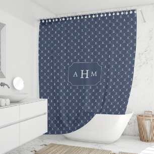 Navy and White Anchor Pattern Monogram Duschvorhang