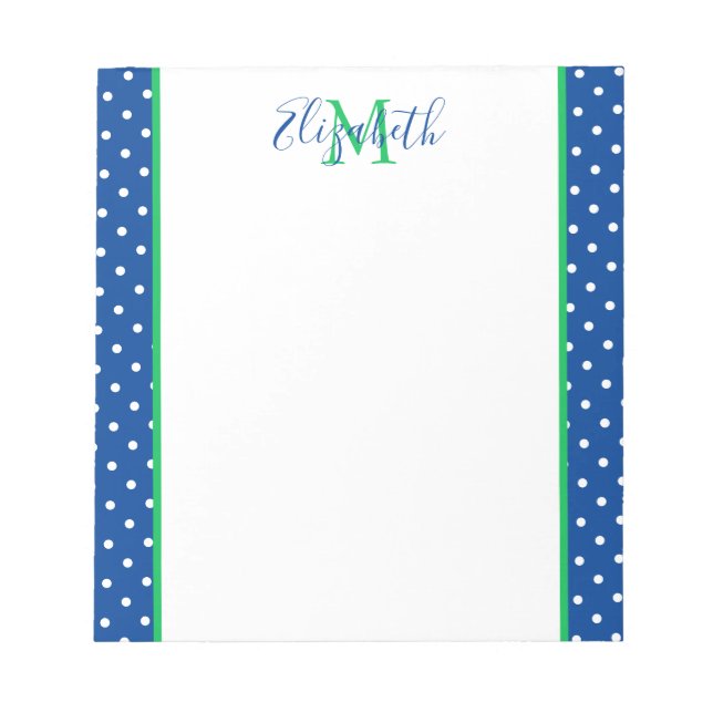Navy and White Polka Dot With Green Monogram Notizblock (Vorderseite)