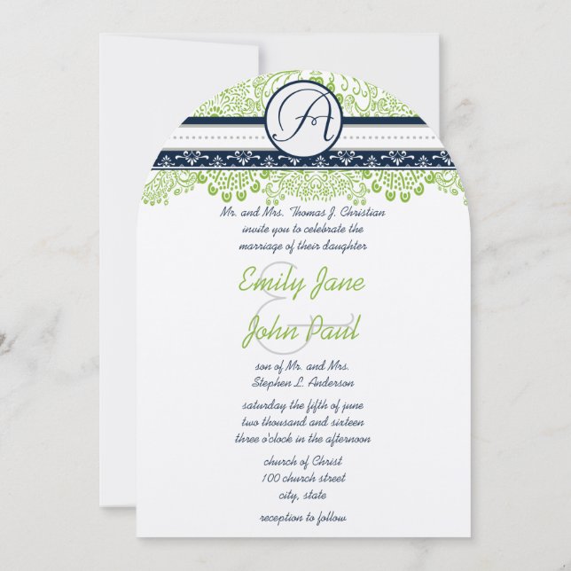 Navy Apple Green Gray Love Birds Hochzeit Einladung (Rückseite)
