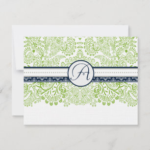 Navy Apple Green Gray Love Birds Wedding RSVP