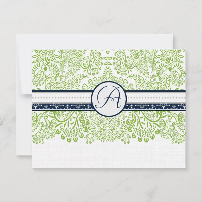 Navy Apple Green Gray Love Birds Wedding RSVP Karte (Vorderseite)