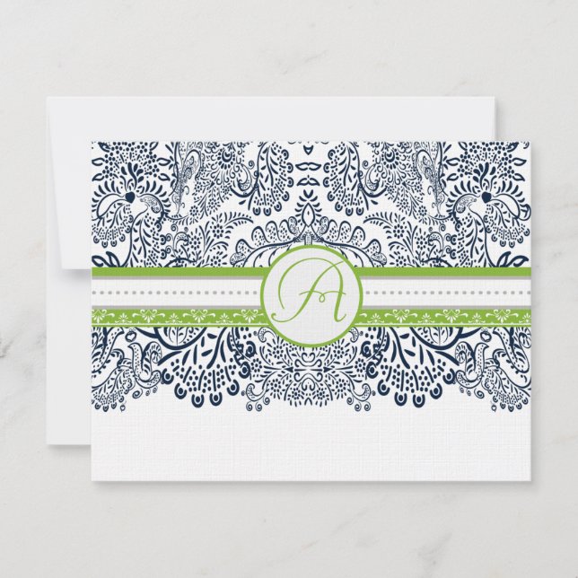 Navy Apple Green Gray Love Birds Wedding RSVP Karte (Vorderseite)