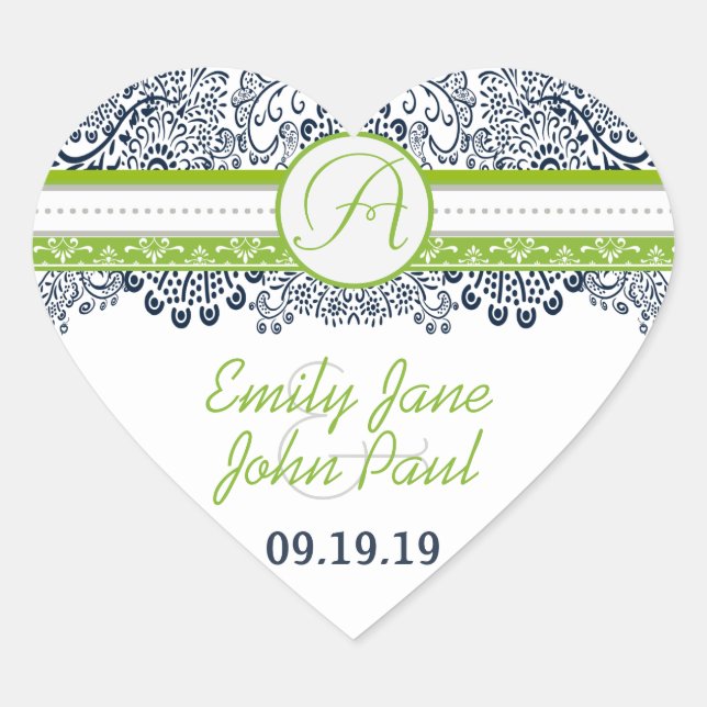 Navy Apple Green Gray Love Birds Wedites Herz-Aufkleber (Vorderseite)