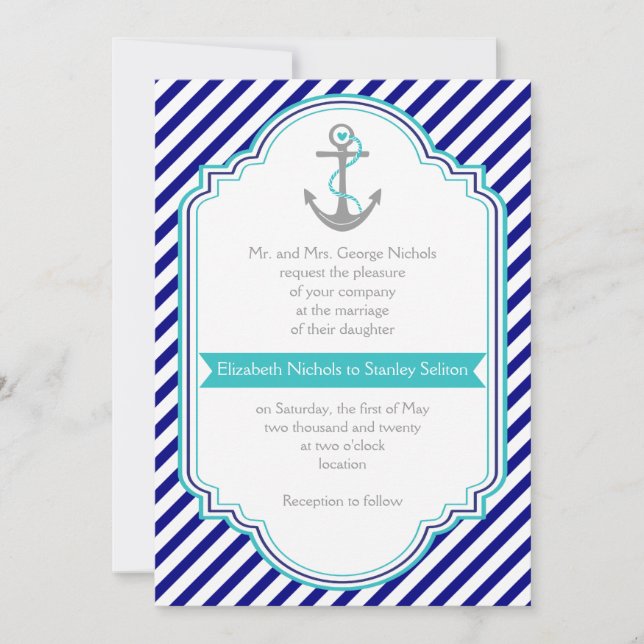 Navy, Aqua Anker & Stripes Hochzeit Einladung (Vorderseite)