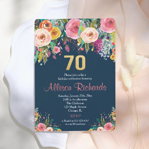 Navy-Aquarell-Blumen 70. Geburtstag Einladung