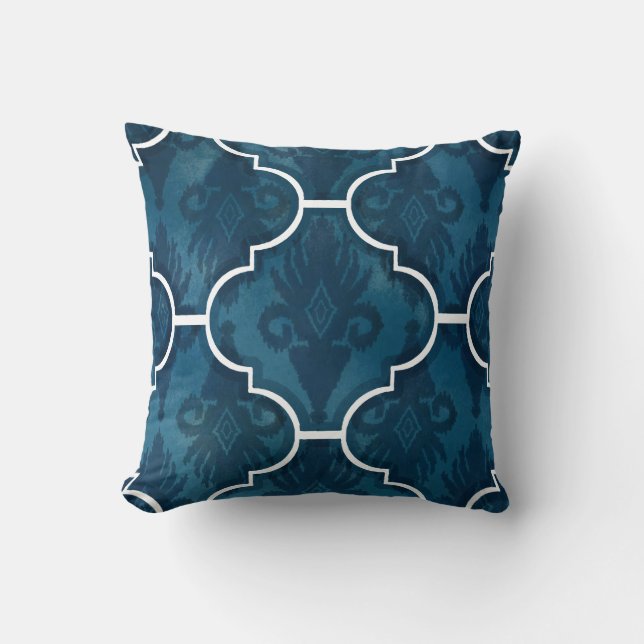 Navy Arabesque IKAT Damask Marokkanisches Fliesenm Kissen (Vorderseite)