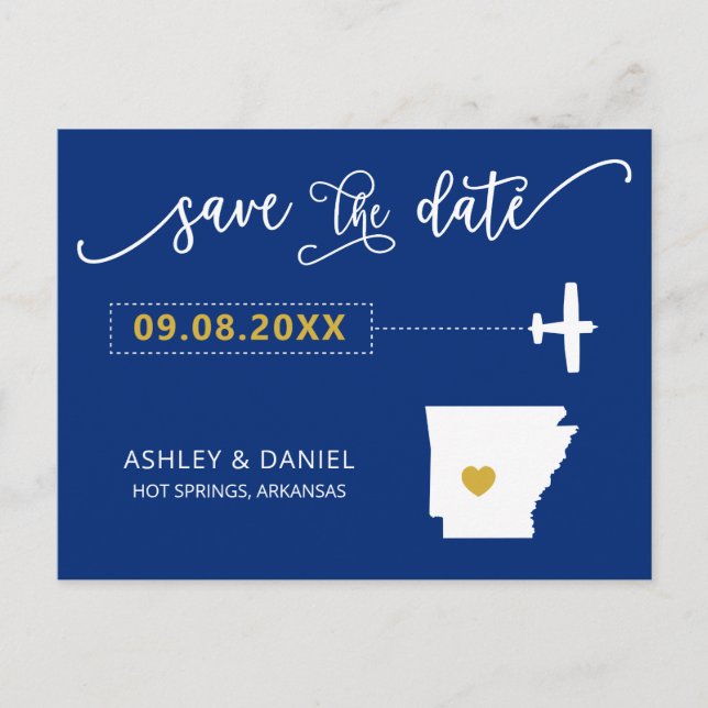 Navy Arkansas Wedding Save the Date Map Postkarte (Vorderseite)