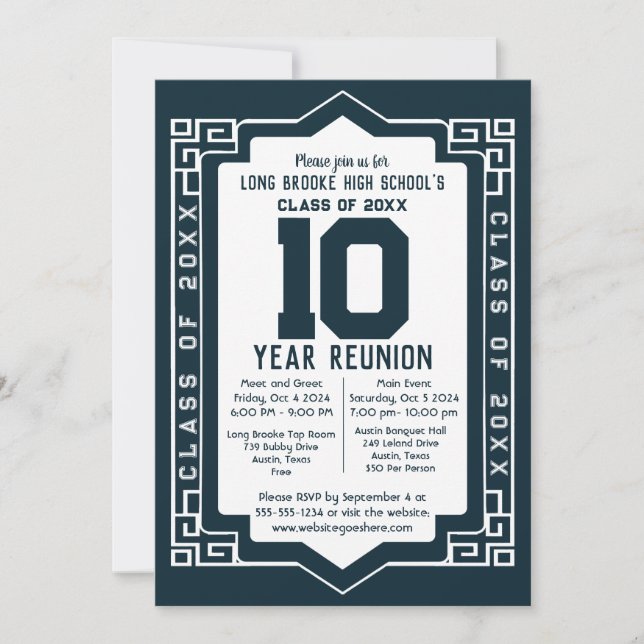 Navy Art Deco 10 Jahre High School Wiedersehen Einladung (Vorderseite)