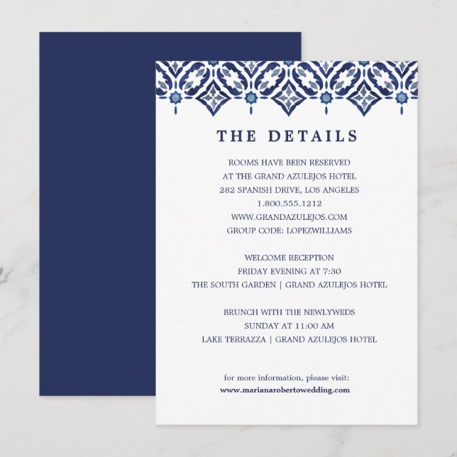 Navy Azulejo | Spanische Details zur Hochzeit Einladung (Vorne/Hinten)