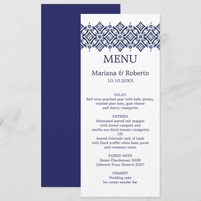 Navy Azulejo | Spanische Hochzeit an der Grenze Einladung (Vorne/Hinten)