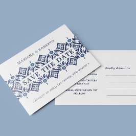 Navy Azulejo | Spanische Tile LACE SAVE THE DATE Ankündigungspostkarte