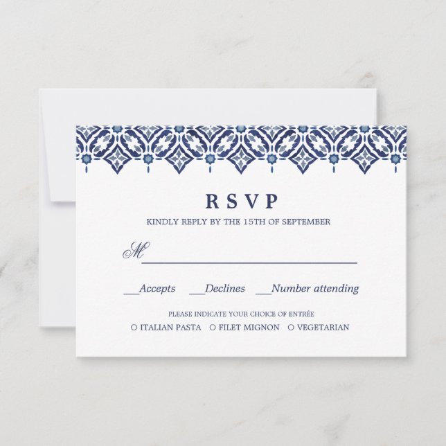 Navy Azulejo | Spanische WEDD RSVP - MEALWAHL (Vorderseite)