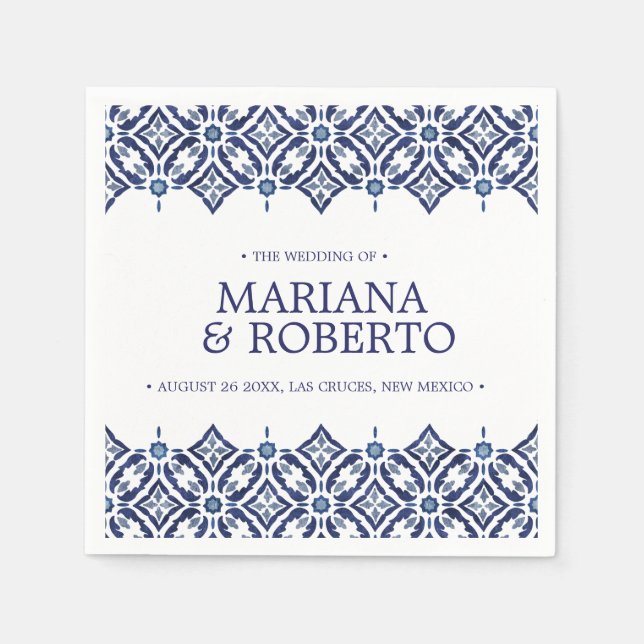Navy Azulejos | Spanische Fliesengrenze personalis Serviette (Vorderseite)