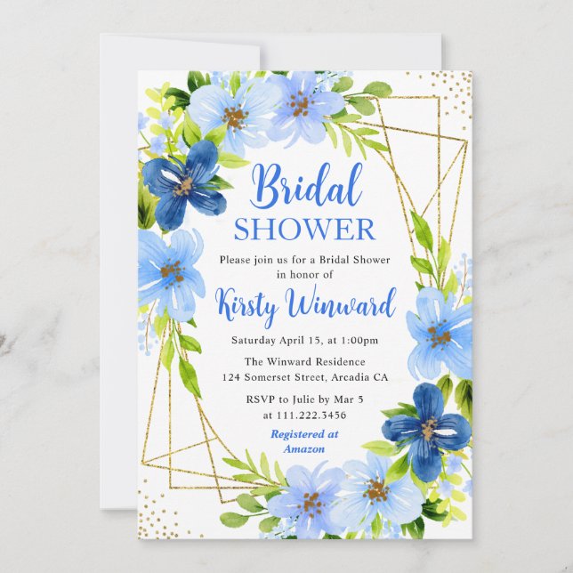 Navy & Baby Blue Blume Gold Frame Brautparty Einladung (Vorderseite)