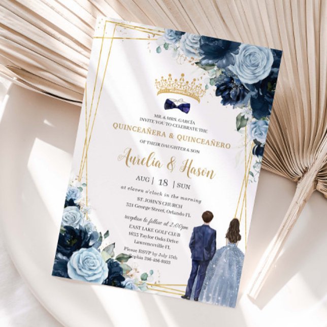 Navy Baby Blue Floral Twins Boy Girl Quinceanera Einladung (Von Creator hochgeladen)