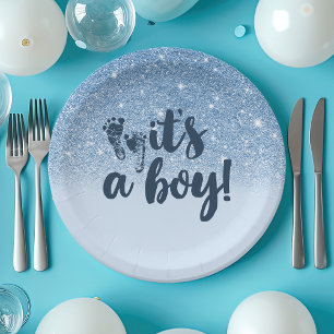 Navy Baby Blue Glitzer Ombre Es ist ein Junge Pappteller