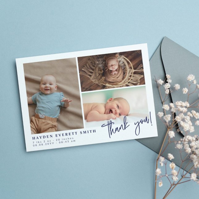 Navy Baby Foto Collage New Baby Vielen Dank Ankündigung (Von Creator hochgeladen)